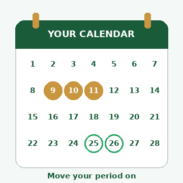 Animated calendar showing period days moving later